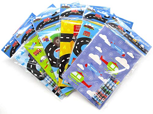 Transportation Vehicles Trains and Construction Coloring Book Set with Crayons Party Favor, 12 Pack