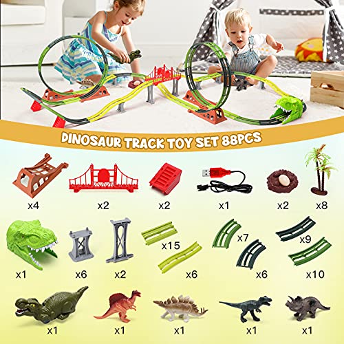 Dinosaur Track Toys Set, Rechargable Dinosaur Race Car, Flexible Tracks with Bridge/Ramps/Double 360° Loop, Assemble Track Toys to Create A Dinosaur World Road Race Great Gift for Kids Age 3+