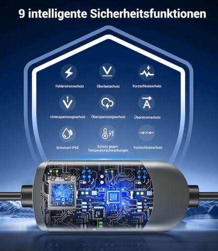Type 2 Charging Cable Schuko 3.7 kW - 7 m | 6-16 A | 1-Phase Portable Charging Cable Car, Adjustable Charging Power, Setting Start Time, LCD Display, IP65 Waterproof, for All EVs (IEC 62196-2) & PHEVS