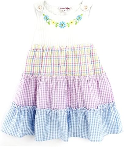 Forever Magic Girls Seersucker Color Block Daisy Dress (6, Pastel/Lilac/Blue)