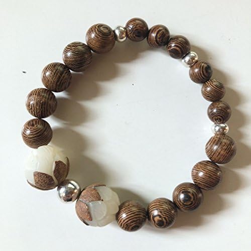 Modern Metaphysical Hand Carved Bodhi Lotus Flower Round with Wenge Wood Beads - Silver Accents - Mala - 7.5" Sm/Med Size - Stretch Cord