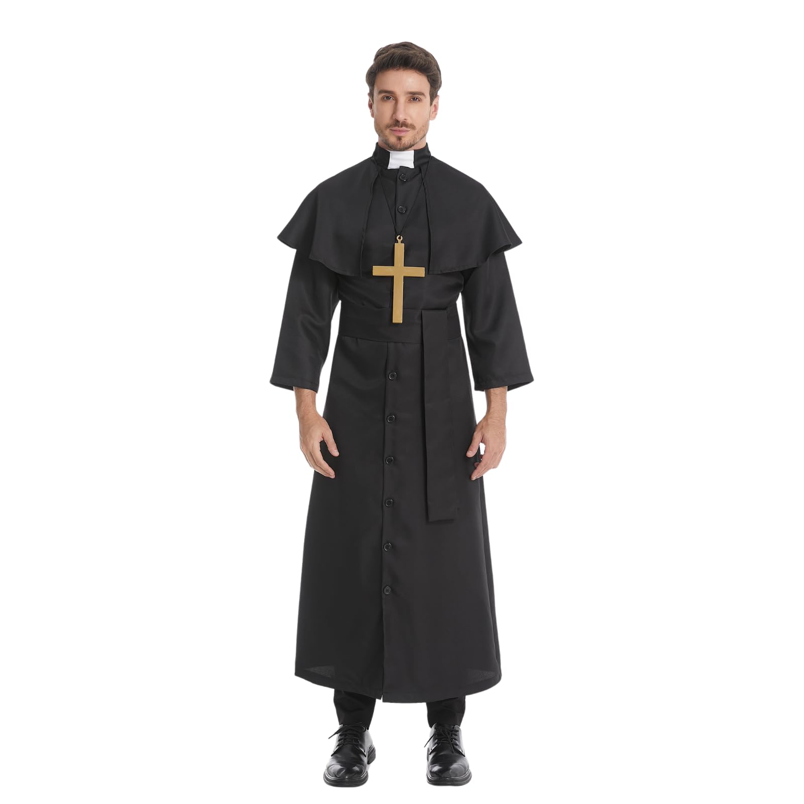maxToonrain Priest Costume Adult Men,Mens Priest Fancy Dress Classical Catholic Black Monk Robe with Shawl+Gold Cross Halloween Vicar Costumes for Men(Black,2XL)