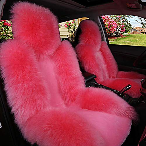 SeaHome Sheepskin Seat Cushion Cover, Genuine Sheepskin Fur Car Front Seat Cover Winter Warm Natural Wool Luxury Long Wool Front Seat Cover Universal Fit (Pink)
