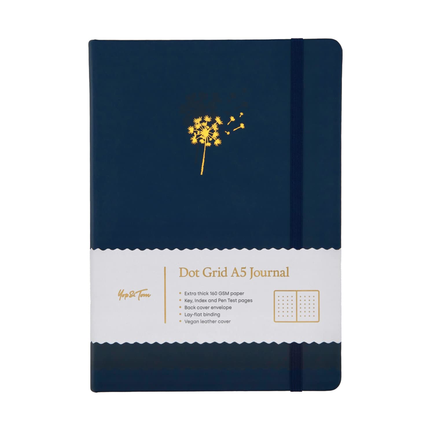 Yop & Tom A5 Dot Grid Journal - Dandelion - With Hardback Vegan Leather Cover and Extra Thick (160 GSM) Paper - Midnight Blue