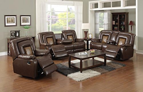 Lifestyle 3-Piece Living Room Deluxe Brown Leather Reclining Sofa, Loveseat, and Chair Set with Drop Down Table and Drink Holder
