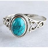 Cuteshop zx194 Genuine Women's 925 Sterling Silver Ring Oval Cut Natural Bohemia Turquoise Jewelry Birthday Proposal Hollow Engagement Party Band Rings Size 6-10, 8