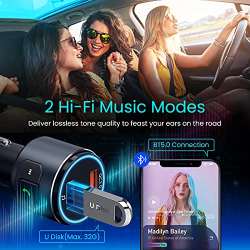 (Upgraded Version) VT Bluetooth FM Transmitter for Car, V5.0 Bluetooth Car Adapter, FM Transmitter Receiver, MP3 Player with QC3.0 Quick Charge, Hands Free Calling, 2 Playing Modes, Blue led Display