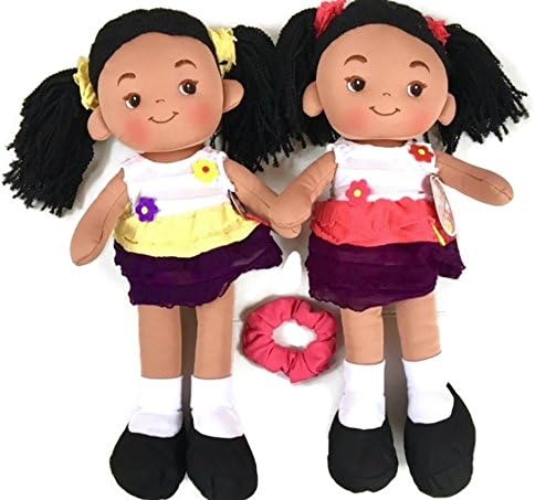 African-American Girl Doll Bundle - 3 items: Two Rag Dolls Aissa by Linzy (16-inch) with Boutique Scrunchie for Little Girl