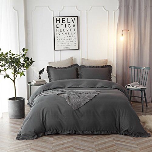 Hyprest Queen Duvet Cover Set Lightweight Soft Solid Color 3PC Bedding Set with Exquisite Flouncing Dark grey
