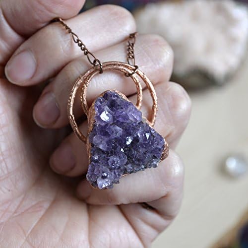 Raw Amethyst Crystal Cluster Necklace; Electroformed copper Amethyst Pendant with Copper Rings; Calming; Meditation