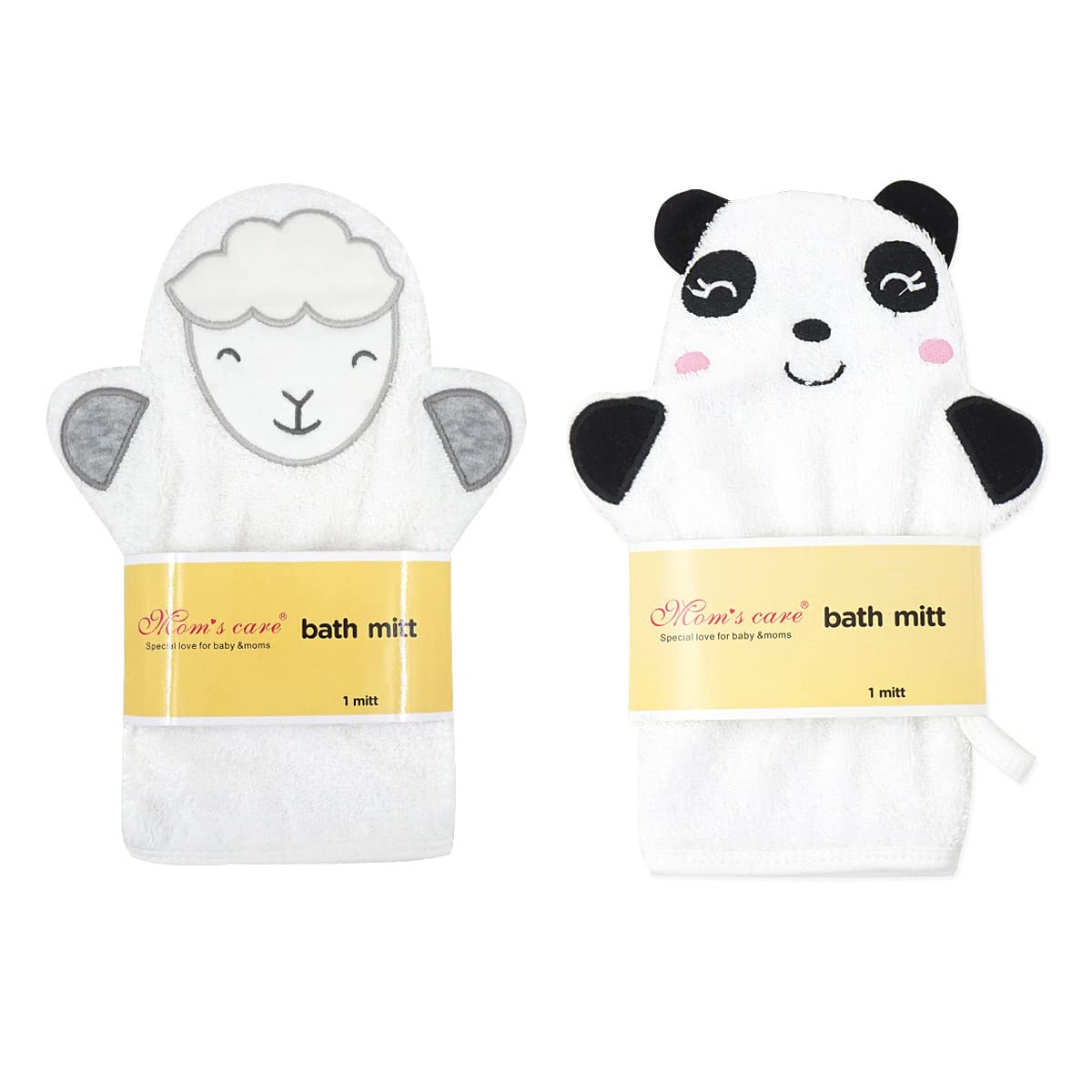 2Pcs White Baby Wash Mitt - Cute Animal Designs Kids Washcloths Glove, Child Bath Mitt for Cleanse The Skin(Panda, Sheep)