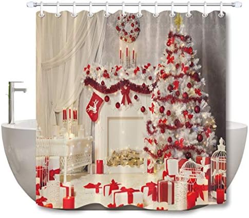 Hieaiaj White Xmas Tree Fireplace Shower Curtain Christmas Room Interior with Mat Set Luxury Bathroom Fabric for Art Bathtub Decor