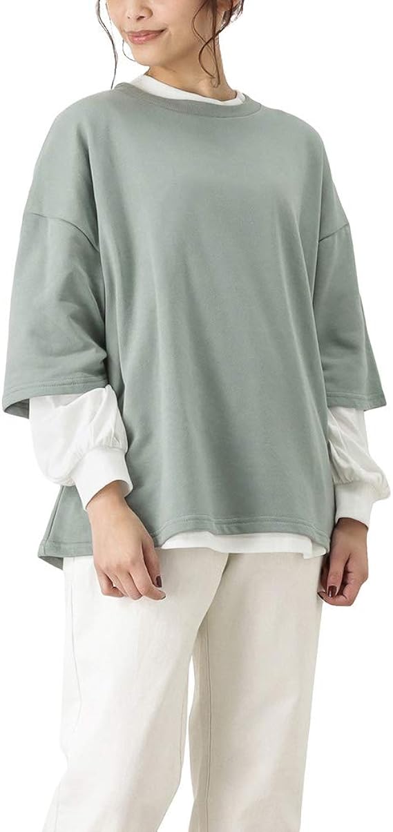 Amazon 半袖tシャツ 長袖tシャツ レイヤード プルオーバー レディース レイヤードプルオーバーアンサンブル アンサンブル F931dm グリーン F Tシャツ カットソー 通販