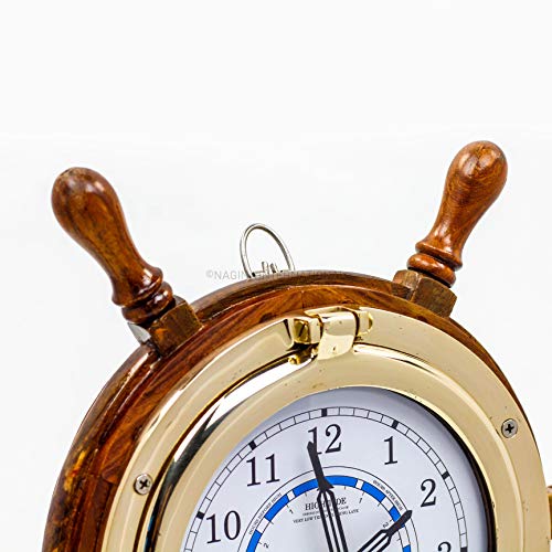 14" Authentic Nautical Time Tide Clock Porthole Ship Wheel Navy