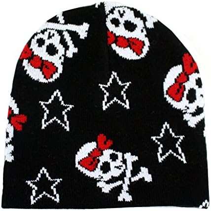 Black Beanie with Black and White Skull and Crossbones with Red Bows
