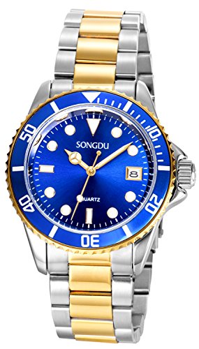 SONGDU Fashion Menâ€™s Quartz Gold Plated Two Tone Stainless Steel Watch with Blue Face and Gift Box