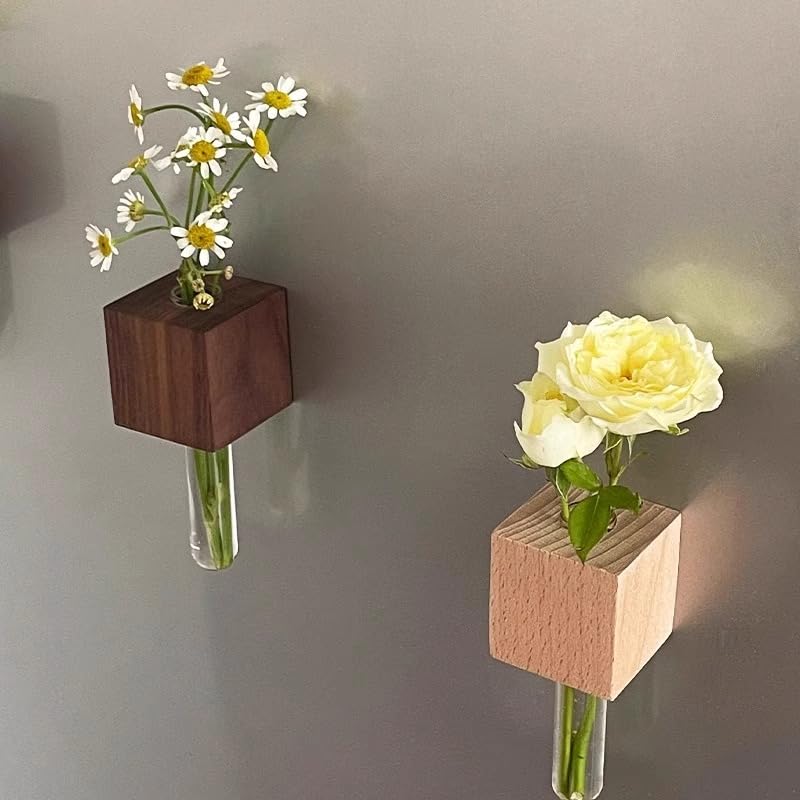 Photo 1 of 2 PCS Vase Fridge Magnets, Magnetic Wooden Wall Planter Vases with Plastic Tube, Home Office Whiteboard Magnet Refrigerator Magnet Decorations