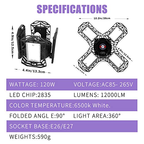 Werkstattlampe, 120W Led Deckenlampe Schwarz mit 12000 Lumen Verformbarem Vierblättrigem Panel, Led Lampe E27 für… – Bild 5
