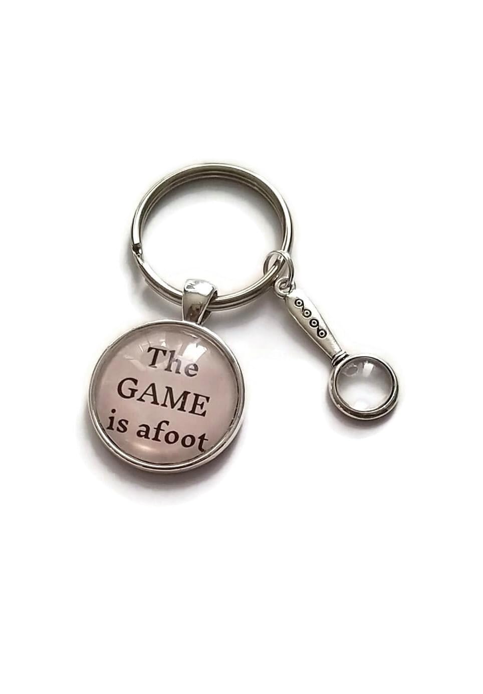 The game is AFOOT 25mm handmade glass cabochon magnifying glass charm keyring gift, HOLMES themed birthday xmas present, Sherlock crime book lover novelty gift