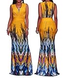 YouSun Women's Summer Casual Floral Print Sexy V-Neck Sleeveless Long Stretch Bodycon Party Maxi Dress Yellow