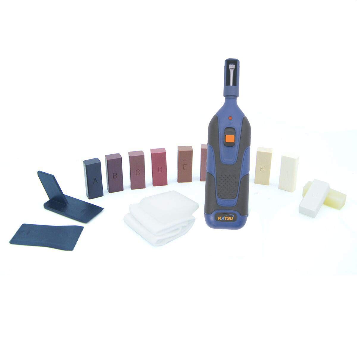 KATSU Laminate Flooring Repair Kit 19PCs, 11 Colors Hard Wax Blocks with Hot Melting Tool for Chips Scratches Remover Worktop Furniture Filler, Timber Boards, Wooden Doors 341000