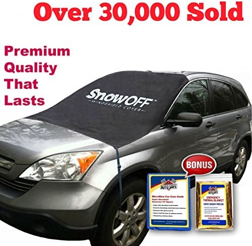 SnowOFF LARGE Windscreen Snow Cover - FITS ANY CAR, SUV, Lorry, Van - WINDPROOF Straps, Wings, Magnets, Suction Cups - BONUS Demist Cloth + Blanket – Winter Ice Rain Frost Bonnet Cover