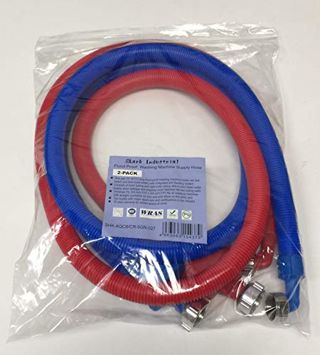 2-pack Flood Safe Washing Machine Hoses - 6FT Heavy Duty PVC Hose Sealed With Rigid Corrugated Outer Wall in Red-Blue and Built-in Auto Shut-off Valve Univeral 90 degree elbow Connection