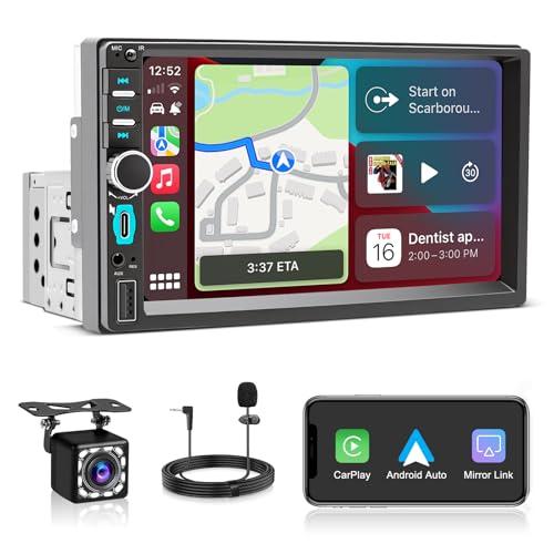 1 DIN Car Radio with Wireless Screen CarPlay and Android Car, 7 Inch Bluetooth Car Stereo Touchscreen, GPS Navigation, Mirror Link, FM, Rear Camera, Voice Controls, Type-C