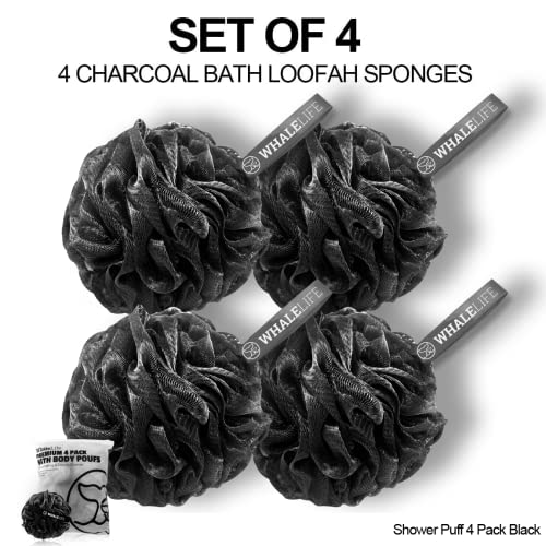 WhaleLife Loofah Bath Sponges - Black Gentle Exfoliating Shower Loofah for Rich Lather, Durable Mesh Body Scrubber for Men & Women 4 Pack
