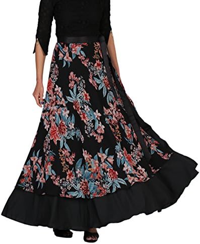 DeeVineeTi Georgette Floral Layered Maxi Long Wrap-Around Skirt for Women Casual Summer Black Free Size Skirt