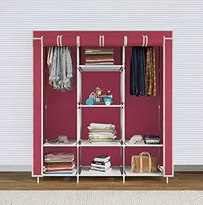 Lukzer 6 + 2 Fancy Wardrobe Collapsible Closet Space Saving Storage Clothes, Toys Organizer 8 Shelves DIY Rack for Bedroom, Hostel Rooms, Hotel, Garment Shops Easy to Assemble (Wine Red / 130 x 45 x 175)