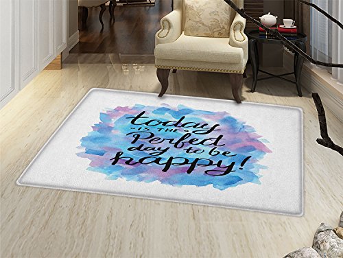 smallbeefly Motivational Bath Mat for tub Hand Drawn Paint Brush Effect Happiness Quote Abstract Composition Door Mats for inside Bathroom Mat Non Slip Backing Dried Rose Blue Black