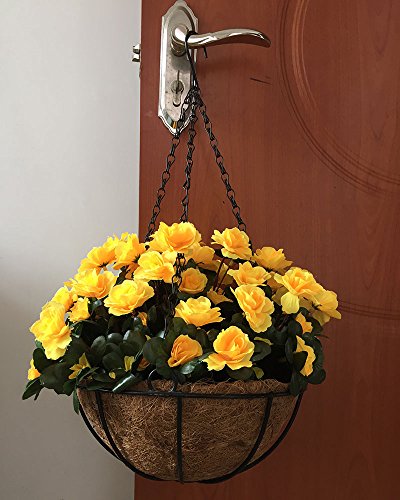 Lopkey Outdoor Artificial Red Azalea Bush Flower Patio Lawn Garden Hanging Basket with Chain Flowerpot,Yellow