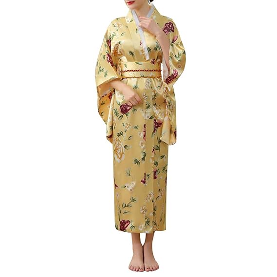 Buy HongH Women's Japanese Kimono Floral Print Satin Long Kimono Robe