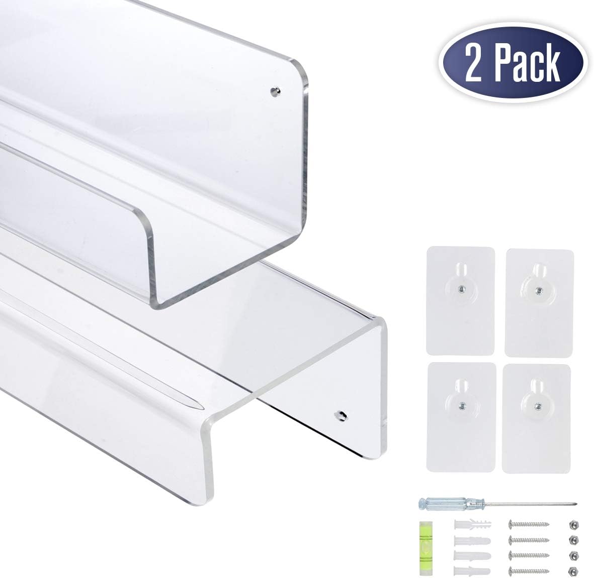 Dasher Products Clear Acrylic Floating Wall Shelves - 17 Inch Wall Bookshelf for Kids, Acrylic Shelves for Kitchen, Bathroom, Shower, Nursery. Screwdriver, Level, Screws, Anchors Included