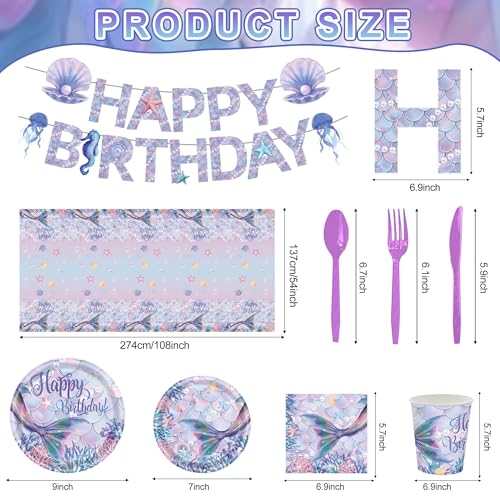 Kastwave 118Pcs Mermaid Birthday Party Supplies Decorations Set Includes Plates, Napkin, Fork, Cup, Tablecloth, Banner For Baby Shower Ocean Decorations, Serves 16