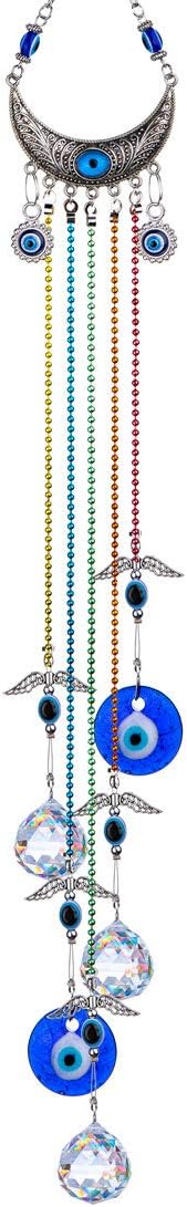 Garden Sculptures & Statues - 20inch Blue Evil Eye Hanging Crystals Suncatcher Ornament with Chakra Energy Crystal Ball Prism Pendant Rainbow Maker for Home Decor Protection