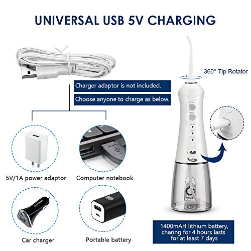 Cordless Water Flosser Foshine USB Rechargeable Oral Irrigator IPX7 Waterproof 3 Modes Water Dental Flosser with 300ml Water Reservoir and 3 Jet Tips for Brace and Teeth Whitening