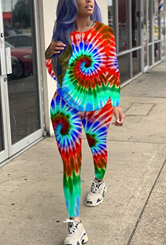 Womens Two Piece Outfit Plus Size Tracksuit Tie Dye Shirt Long Jogger Sportswear Set Activewear Red L - Thumbnail 4