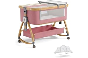 BONBAY Baby Bassinet, Bedside Bassinet for Baby, 4 in 1 Portable Bassinet Bedside Sleeper with Wheels Mosquito Net & Storage Basket, 6 Height Adjustable Rocking Bassinet for Newborn Baby