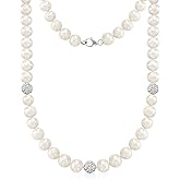 Savlano 8-9MM Cultured Freshwater Baroque Natural White Pearl Crystal Bead Necklace 17-inch, For Women Comes with Gift Box