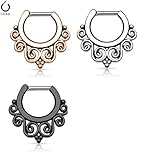 Tribal Swirl Fan 14g or 16g Septum Clicker - Choose Gold Tone, Rose, Hematite, or Silver Tone