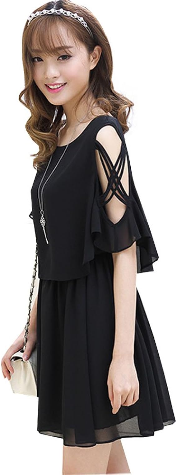 Amazon Xfy ワンピース レディース ドレス 華奢 肩みせ クロス シフォン 肩だしワンピ 半袖 フレア ミニドレス デート 二次会 お呼ばれ パーティー カジュアル ブラック Xl パーティードレス 通販