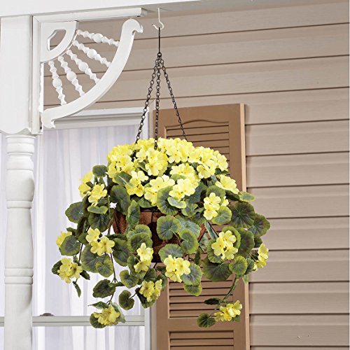 OakRidge Miles Kimball Fully Assembled Artificial Geranium Hanging Basket, 10" Diameter and 18" Chain - Yellow Polyester/Plastic Flowers in Metal and Coco Fiber Liner Basket for Indoor/Outdoor Use