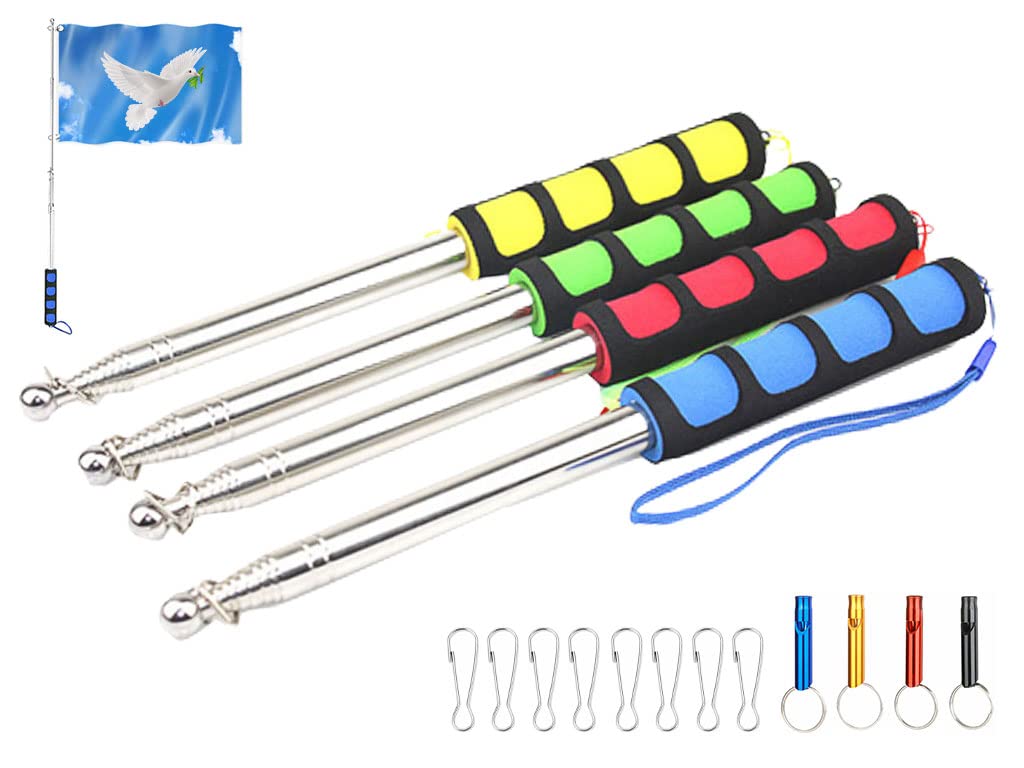 Kellegour 4 Pieces 2M Stainless Steel Handheld Flag Pole,Travelling Flag Pole with 8 Flag Pole Clips and 4 Whistle,Portable Flag Pole for Festival Flages,Camping,Teacher Classroom,Tour Guide Flag