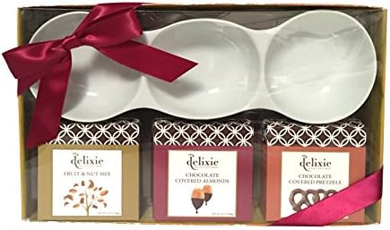 Delixie Gourmet Serve Gift Set feat. 3 Section Ceramic Bowl, Cont. Chocolate Almonds, Chocolate Pretzels and Nut Mix (Almonds, Dried Papaya, Dried Cranberries, Sunflower Seeds)