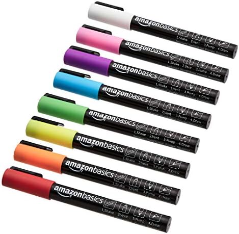 Amazon Fundamentals Bullet/Chisel Reversible Tip Chalk Markers, Shiny Colours, Wonderful Level