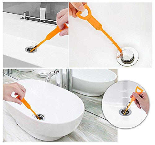 5 Pack Drain Clog Remover, Plastic Drain Snake Hair, Multi-tooth Drain Cleaning Tool, 20Inch Drain Cleaner Removal, Sink Bathtub Tube Hook Catcher with 2pcs Color Random Drain Plugs