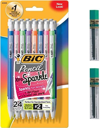BIC Xtra-Sparkle Mechanical Pencil, Medium Point (0.7 mm), 24-Count + 2 refills of Pentel Super Hi-Polymer Leads, 0.7 mm