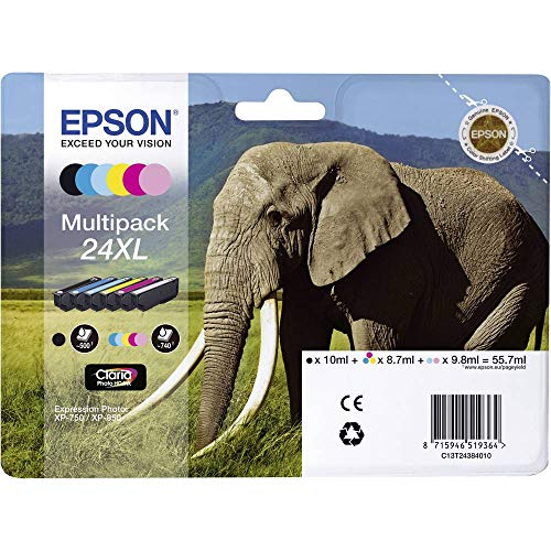 Epson 24XL Elephant High Yield Genuine Multipack, 6-colours Claria Photo HD Ink Cartridges, Black/Yellow/Magenta/Cyan, XL High Capacity